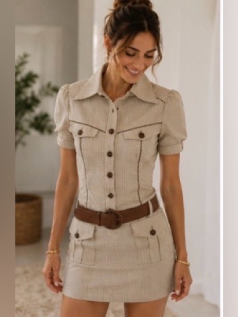 bebe Beige Mini Dress with Button Front